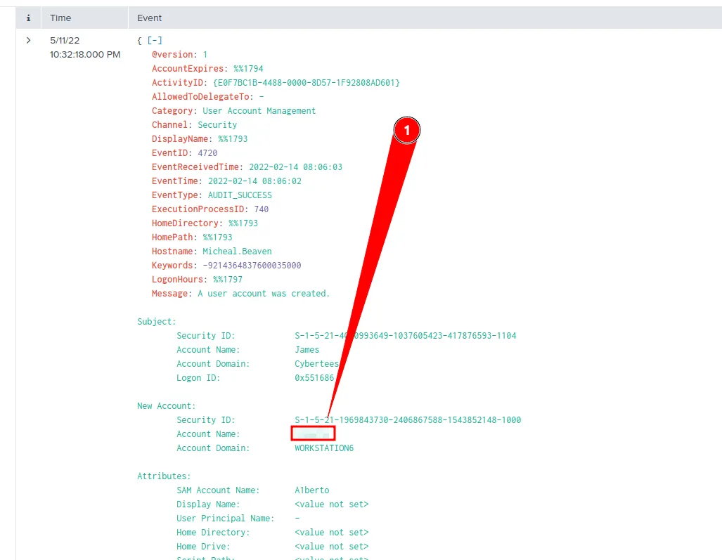 Splunk query results showing user creation event ID 4720