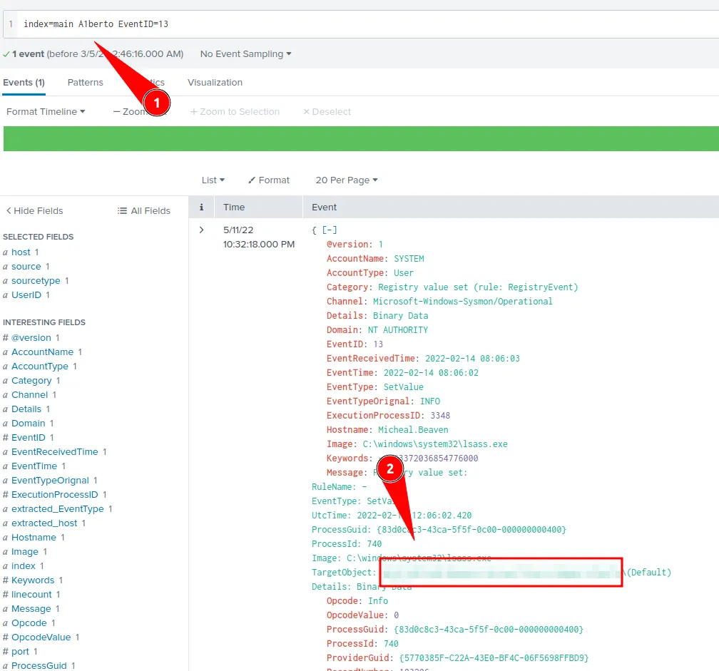 Splunk query results showing registry key modification for backdoor user